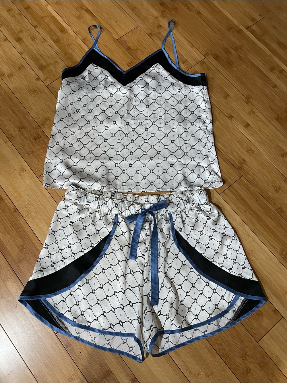 Ann Taylor Cream and Black Printed Satin Pajama Set with Blue Trim